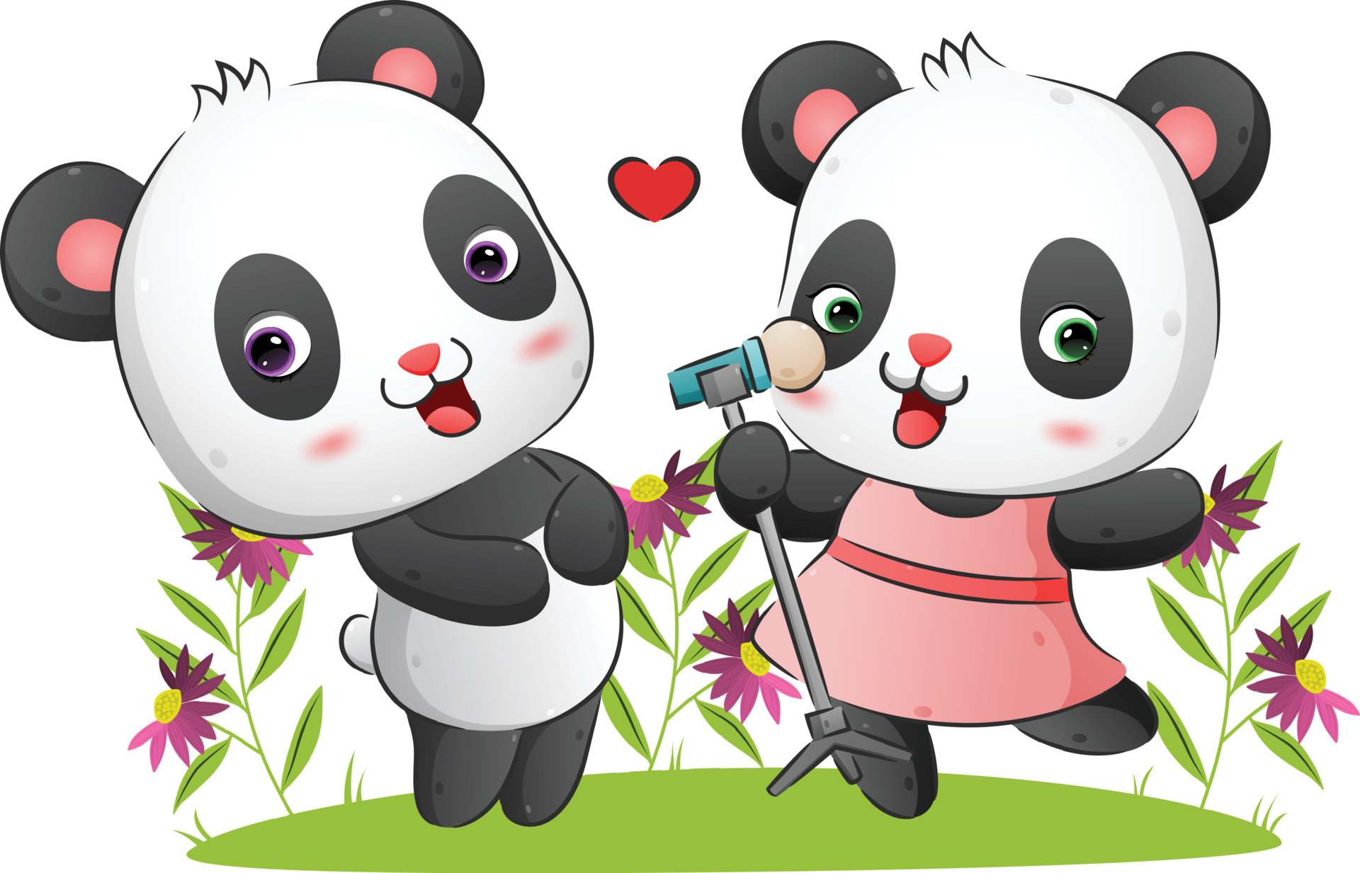 The happy couple of panda is singing and dancing together in the garden