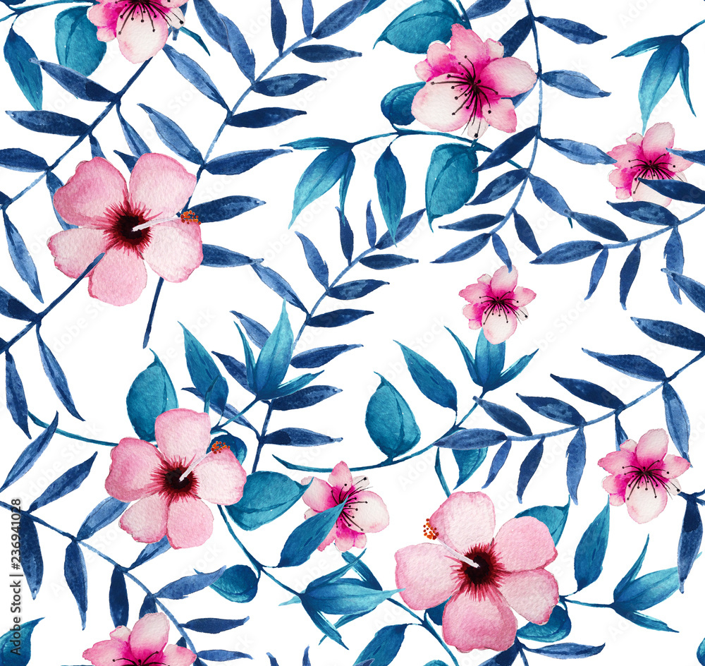 Watercolor tropical floral pattern, delicate flower wallpaper