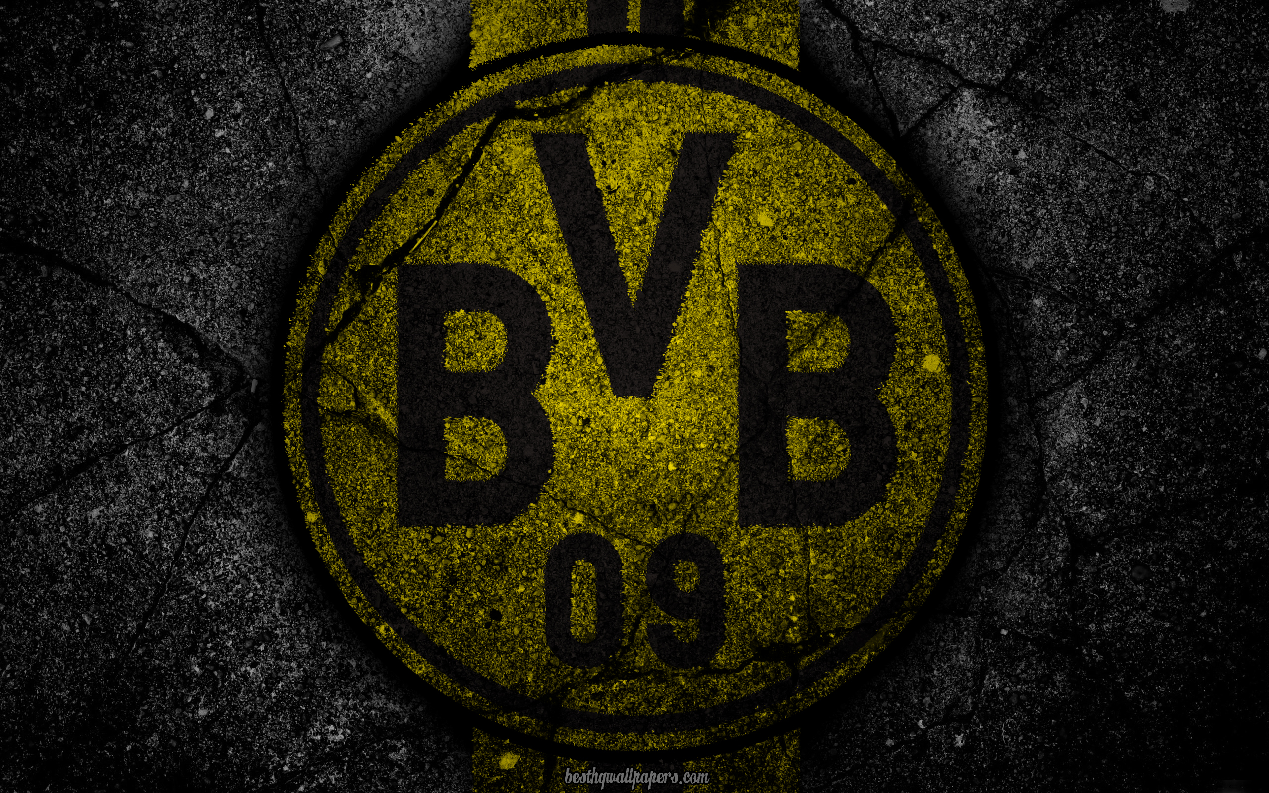 Download wallpaper Borussia Dortmund, BVB logo, art, Bundesliga, soccer, football club, FC Borussia Dortmund, asphalt texture, BVB for desktop with resolution 2560x1600. High Quality HD picture wallpaper