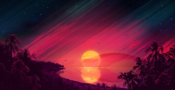Sunset, lake, landscape, digital art wallpaper, HD image, picture, background, e0dc07