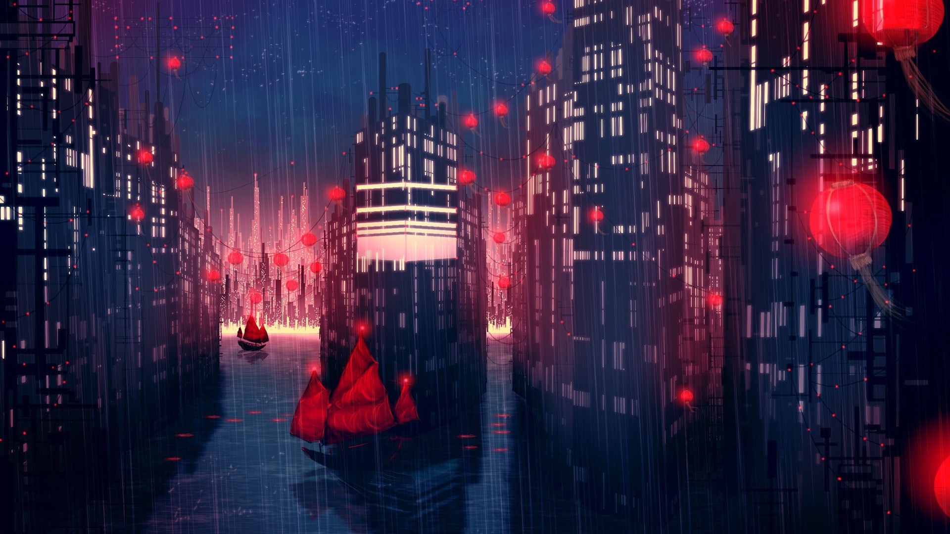 Cityscape Concept Art City Rain Night Artwork Red Lantern Science Fiction Fantasy Art Boat / iPhone HD Wallpaper Background Download (png / jpg) (2022)