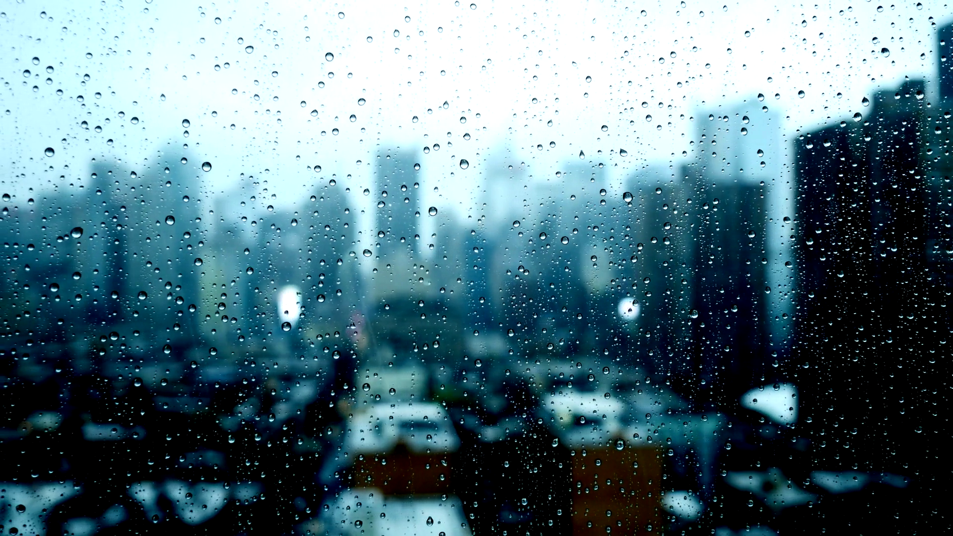 Blurry City Skyline Window View. Sad Bad Weather. Rain Drops Background Stock Video Footage 00:12 SBV 307647784
