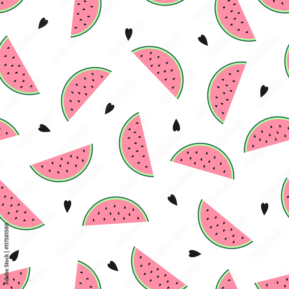 Seamless background with pink watermelon slices. Cute fruit pattern. Summer food vector illustration. Design for textile, wallpaper, web, fabric and decor. Stock Vector