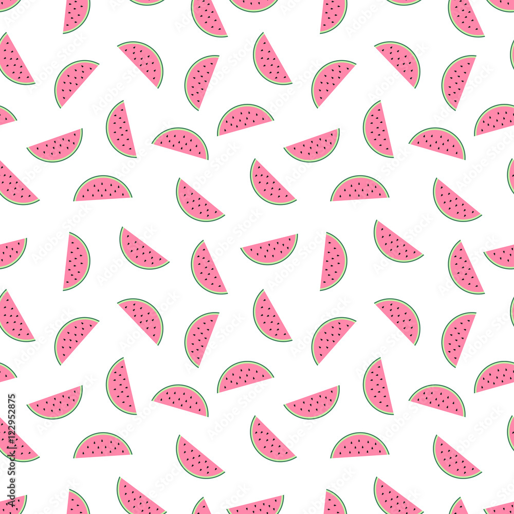 Watermelon slices seamless pattern on white background. Cute fruit pattern. Summer food vector illustration. Fashion design for textile, wallpaper, web, fabric and decor. Stock Vector