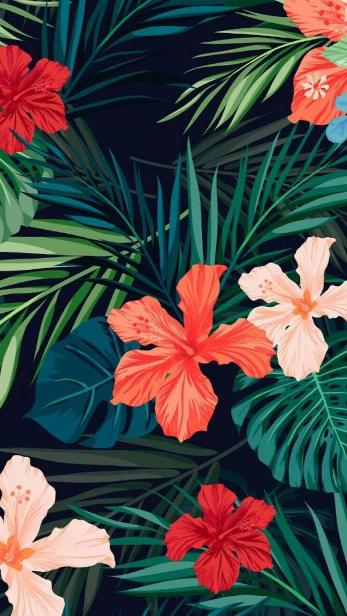 floral wallpaper, girly wallpaper, pink and red flowers, green palm tree leaves. Flower wallpaper, Phone wallpaper image, Floral wallpaper