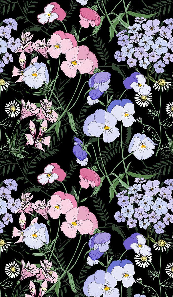 Flowers on black background seamless print. Pink flowers wallpaper, Desktop wallpaper art, Flower desktop wallpaper