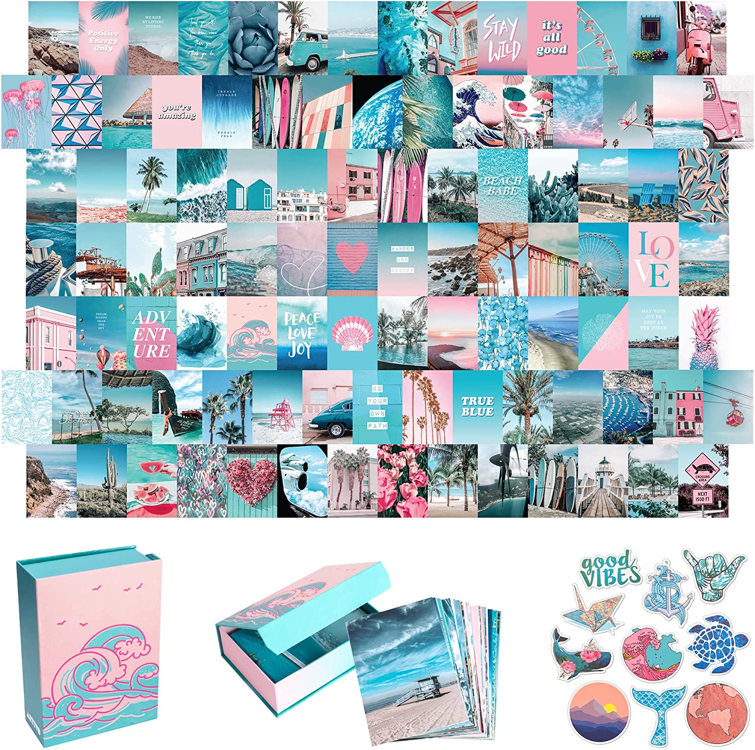 Blue Aesthetic Wall Collage Kit, 100 Set 4x6 inch, Pink VSCO Room Decor for Teen Girls, Summer Beach Wall Art Print, Dorm Photo Collection, Small Posters for Room Aesthetic, Home & Kitchen