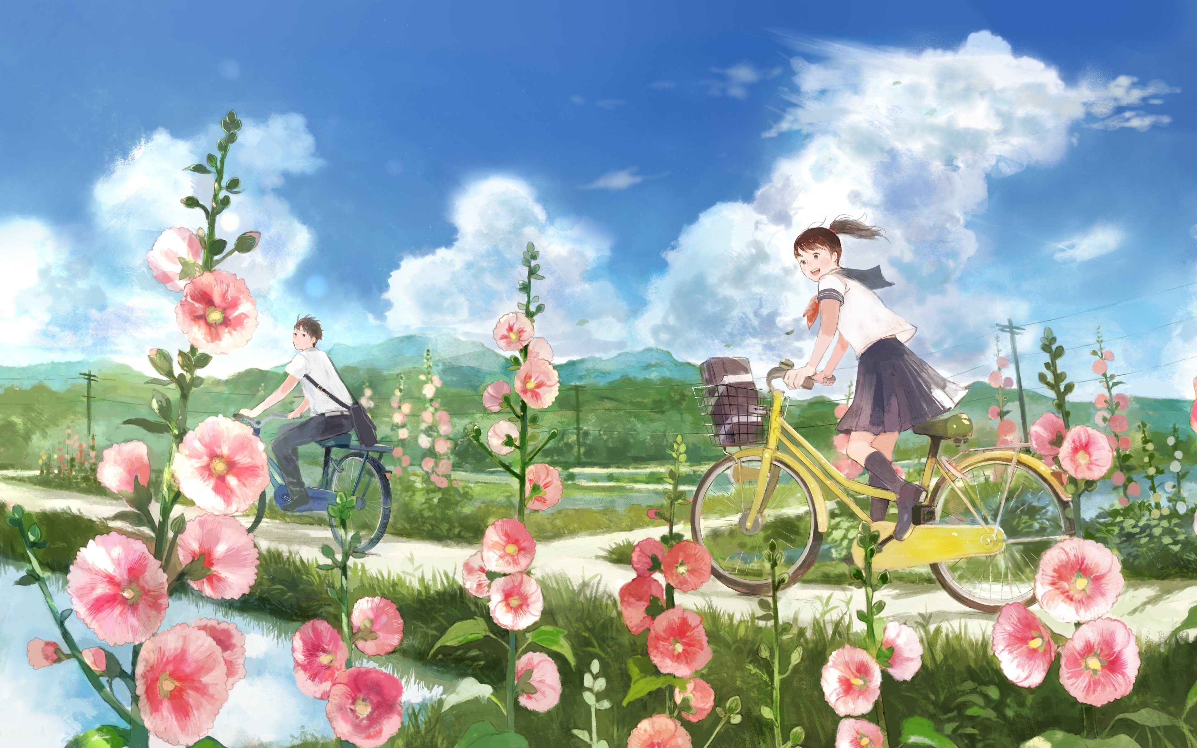Wallpaper Anime Couple, Landscape, Biking, Scenic, Flowers, Summer, Clouds, School Uniform:4613x2976