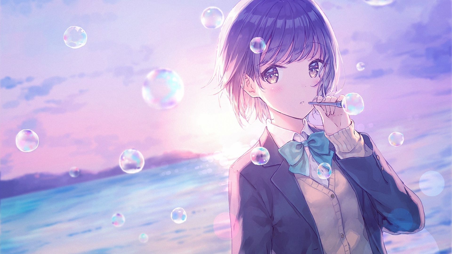 Desktop Wallpaper Original, Anime Girl, Outdoor, Bubbles, HD Image, Picture, Background, 37f491
