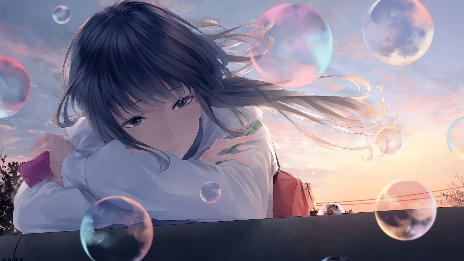 Desktop Wallpaper Bubbles, Anime Girl, Cute, Original, HD Image, Picture, Background, 5a1cb2