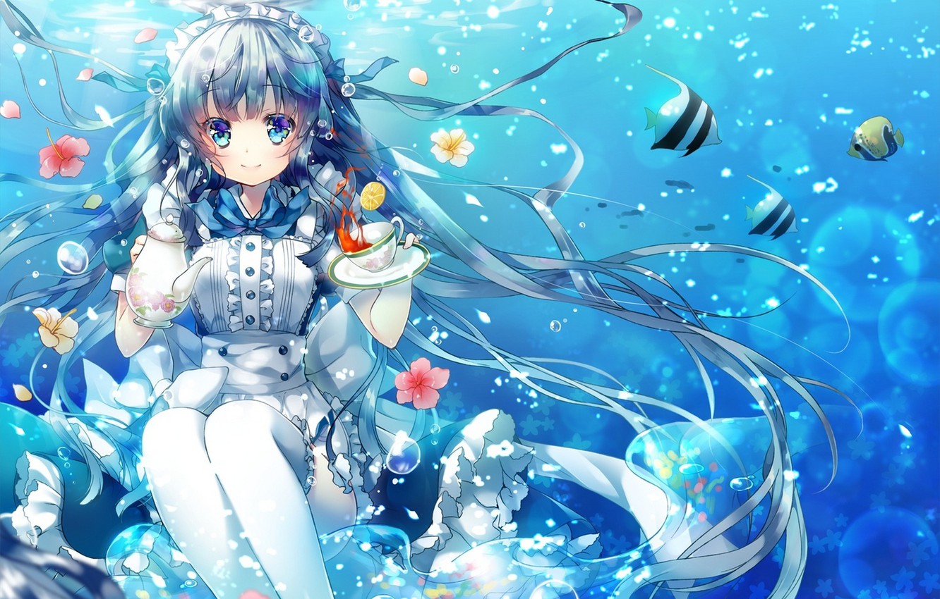 Wallpaper girl, fish, flowers, bubbles, tea, anime, art, Cup, under water, saucer, miwabe sakura image for desktop, section прочее