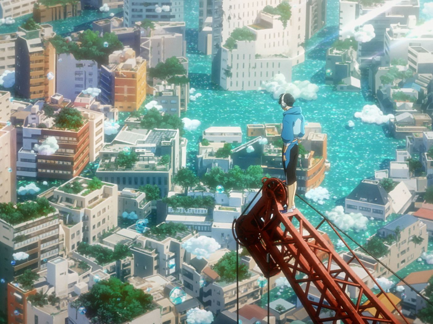 Download Boy Jumping In The City With Bubble Anime Portrait Wallpaper