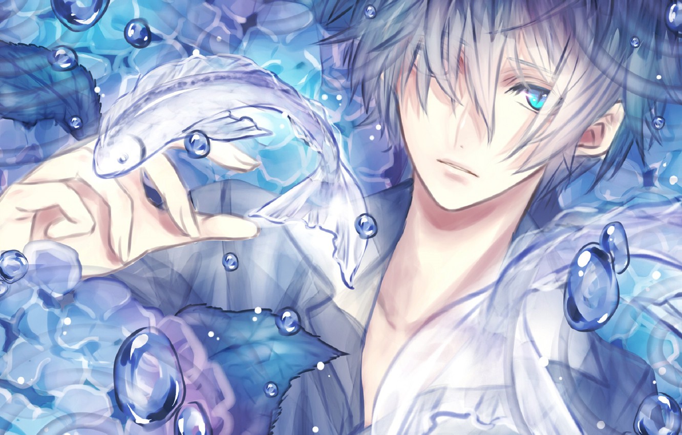 Photo Wallpaper Bubbles, Fish, Anime, Art, Guy, The Wallpaper Vertikal Terbaru