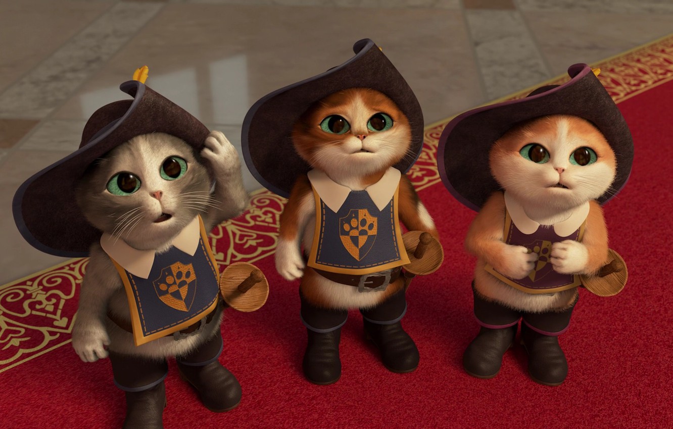 Photo Wallpaper Cats, Cartoon, Tale, Boots, Kittens, In Boots The Three