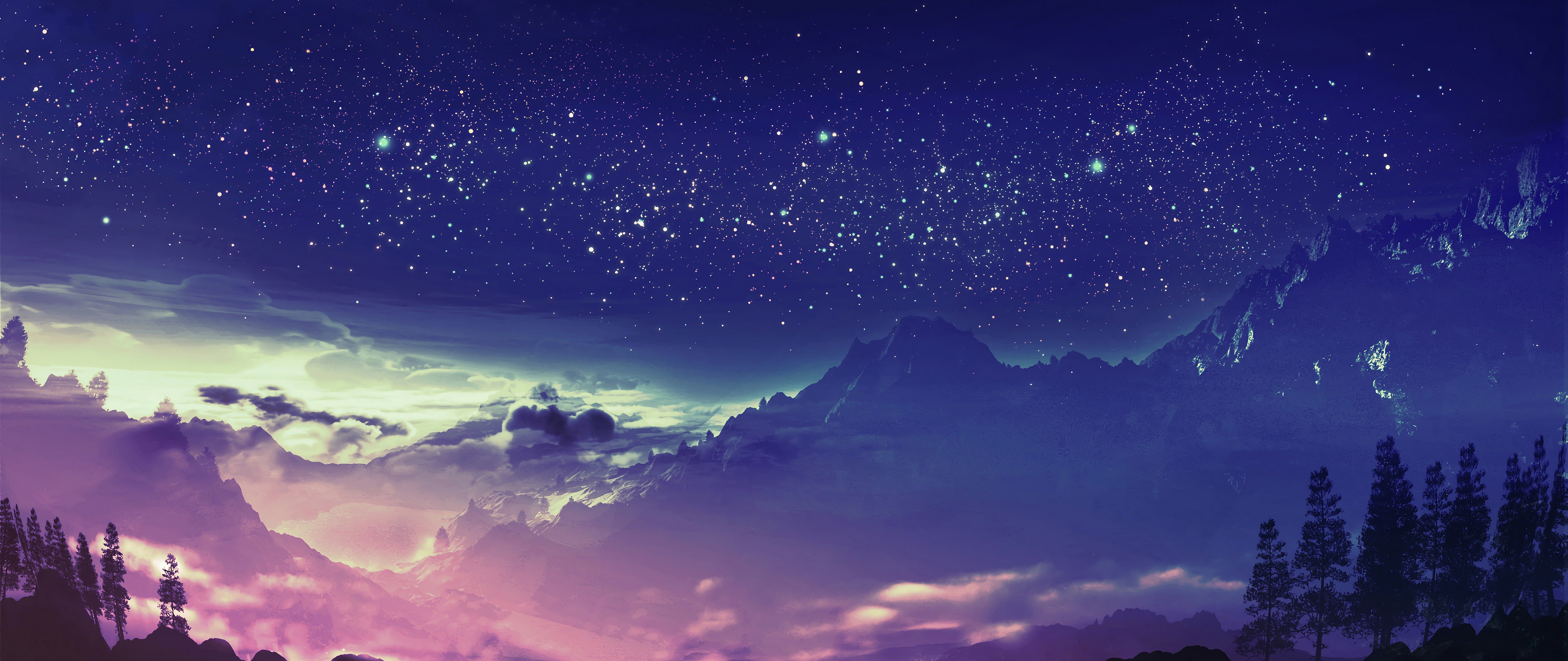 Mountain Night Scenery Stars Landscape Anime 4K Wallpaper