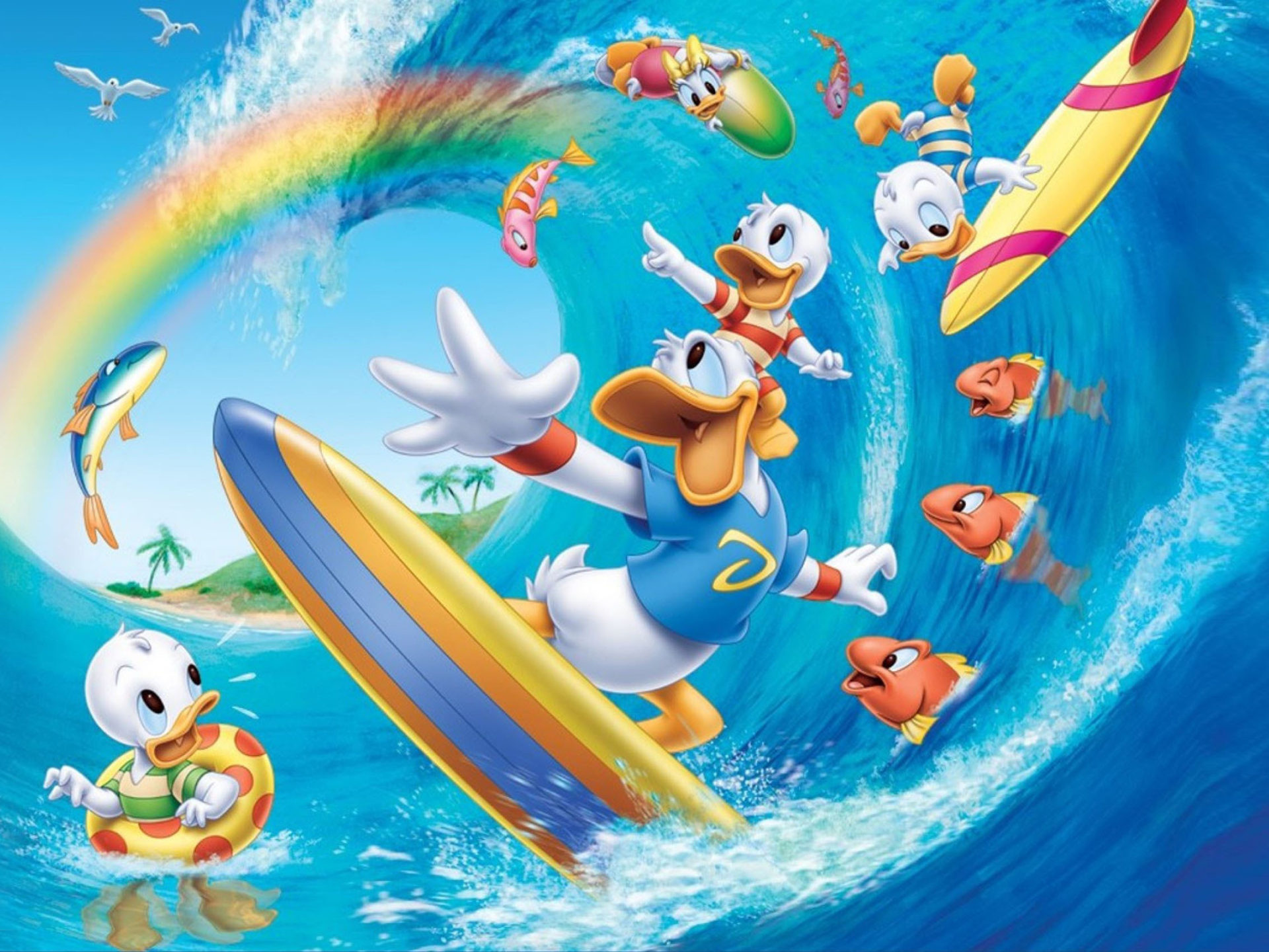 Walt Disney Donald Duck Summer Surf Beach Sea Fish Cartoon Picture Desktop Wallpaper HD For Mobile Phones And Laptops 2560x1600, Wallpaper13.com