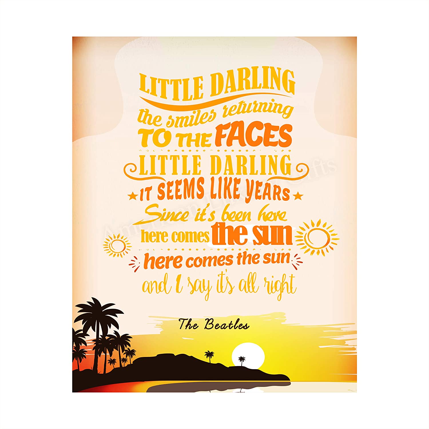 The Beatles Here Comes The Sun Song Lyrics Art 8 X 10 Wall Print Ready To Frame. Vintage Music Poster Print With Sunset Silhouette Image. Home Office Studio Cave Decor. Perfect For Beatles Fans!, Handmade Products