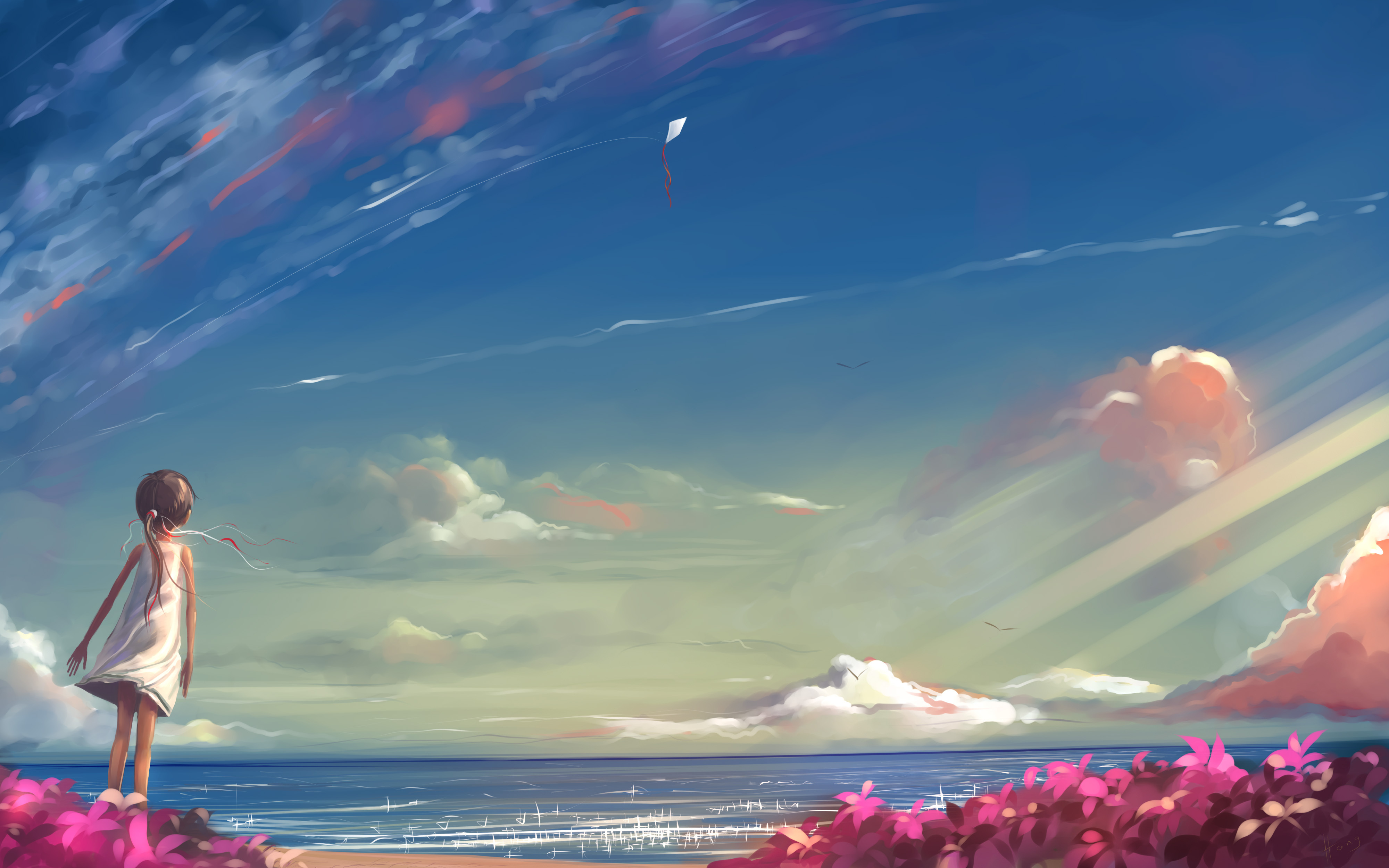 Anime Girl near Ocean Flowers