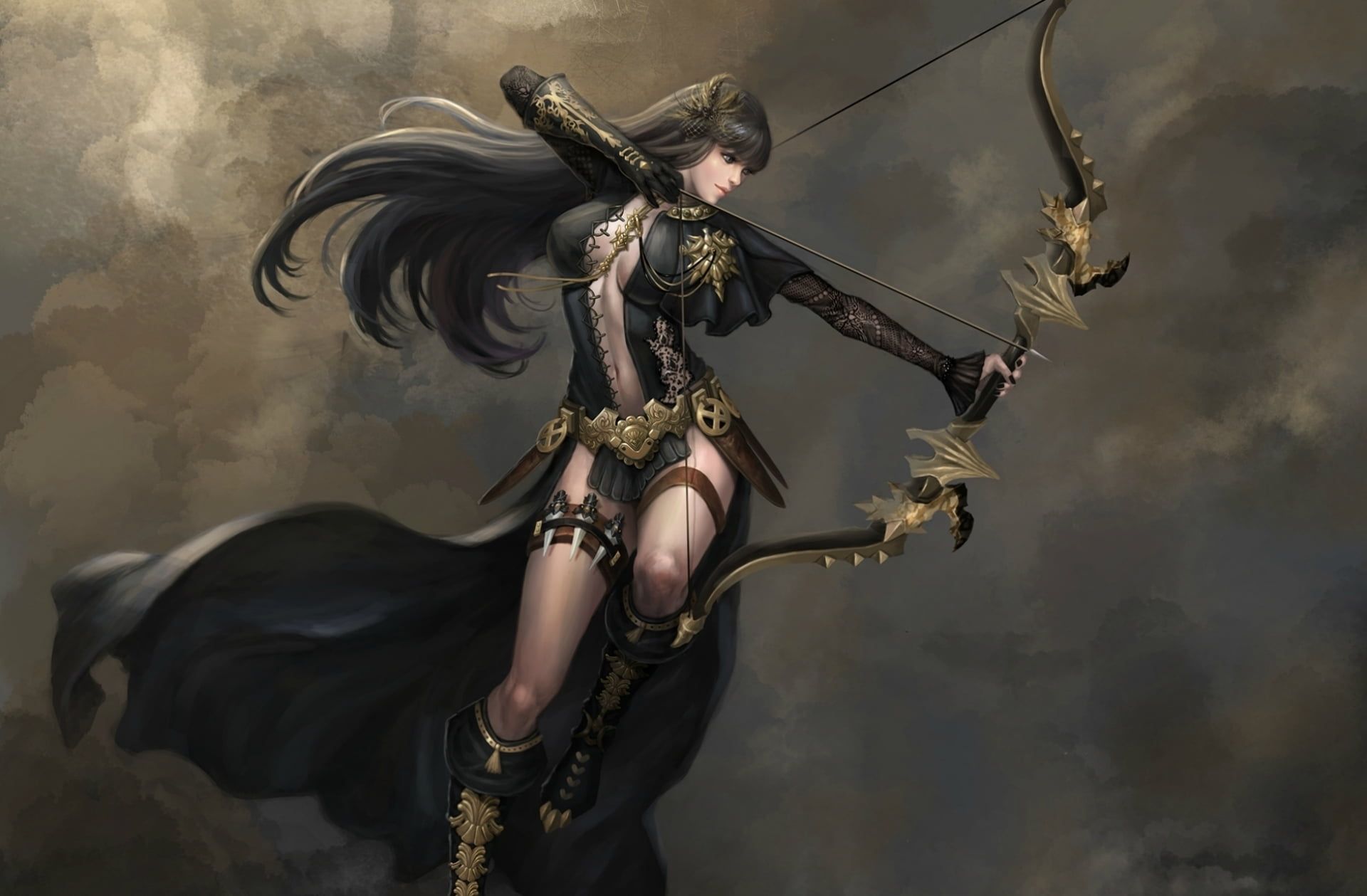 Black Haired Female Holding Bow Character Wallpaper #women #bow #arrows # Archery Fantasy Art #archer #Arrow #ar. Garota Fantasia, Fantasy Warrior, Arte Fantástica