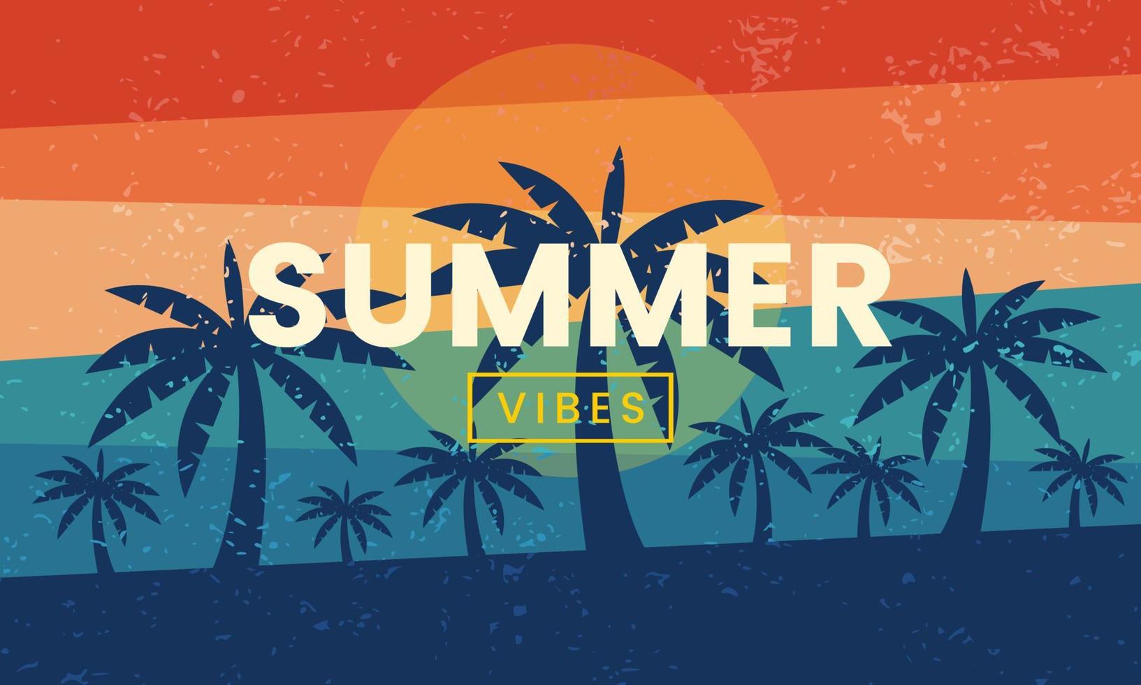 Retro summer vibes banner. Exotic silhouette palm and beach background