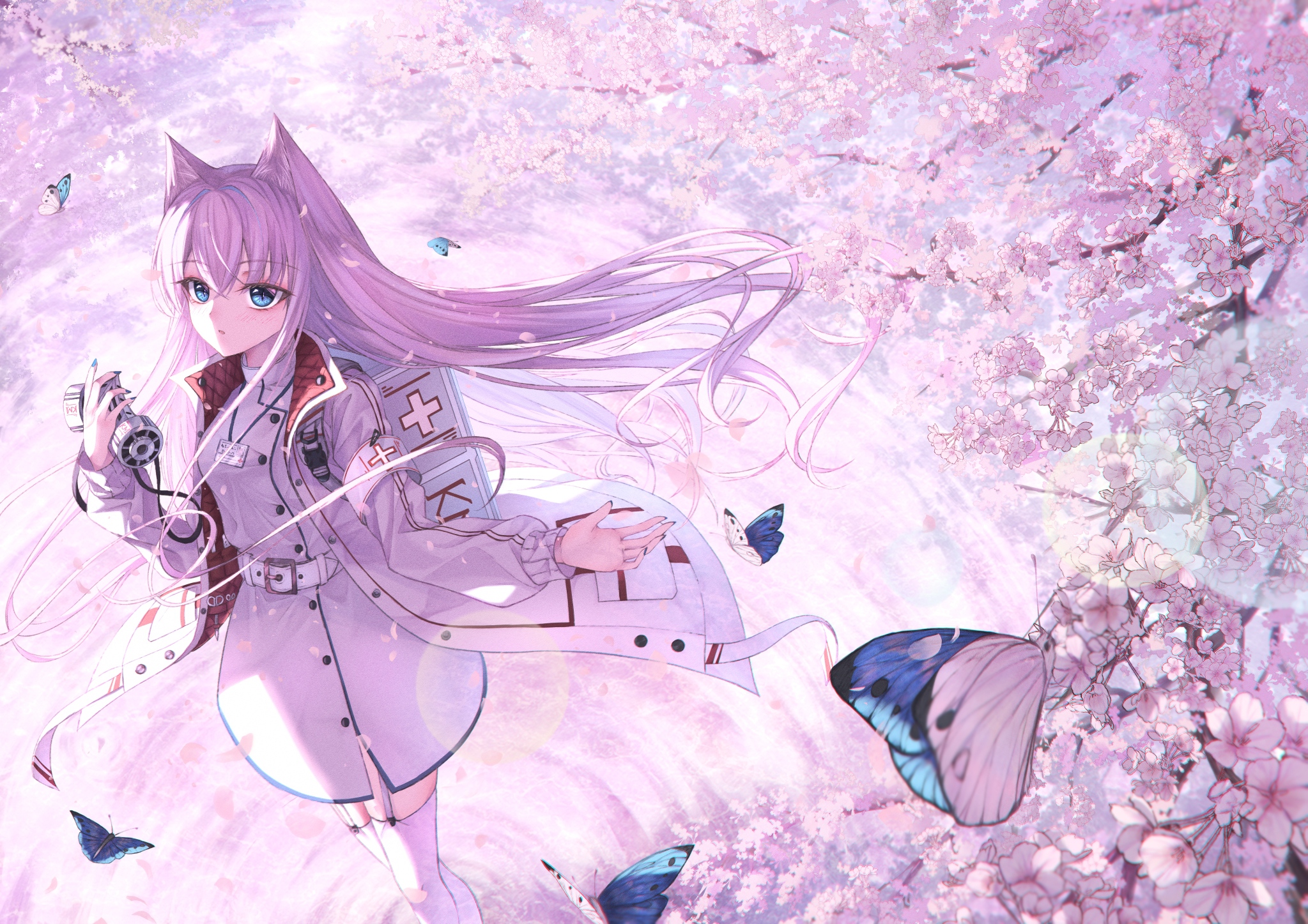 Wallpaper Cute Anime Girl, Cherry Blossom, Animal Ears, Uniform, Pink Hair, Mask:2047x1447