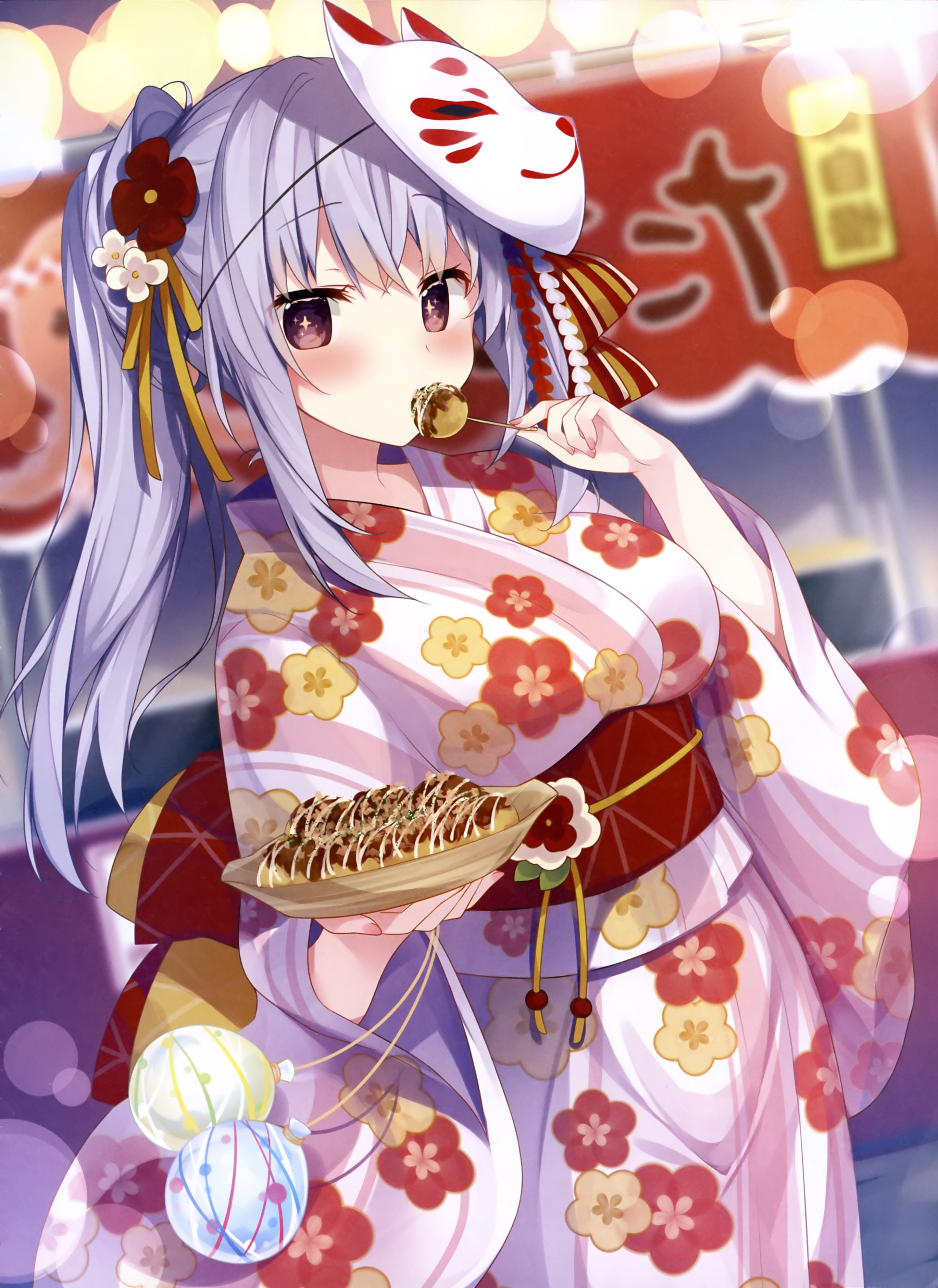 Wallpaper Cute, Anime Festival, Girl, Mask, Eating Snack, Kimono:2889x3967