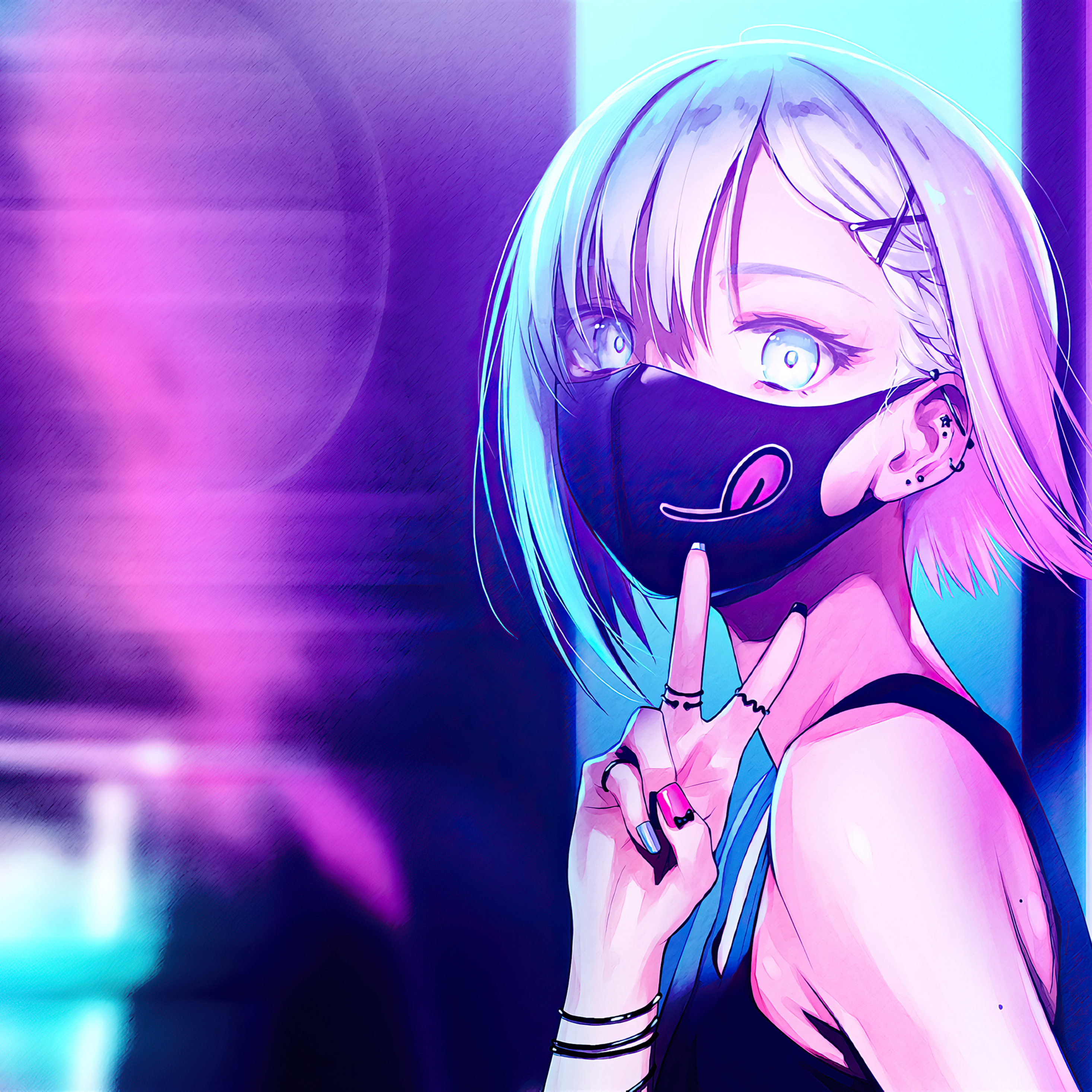 Anime Girl City Lights Neon Face Mask 4k iPad Pro Retina Display HD 4k Wallpaper, Image, Background, Photo and Picture
