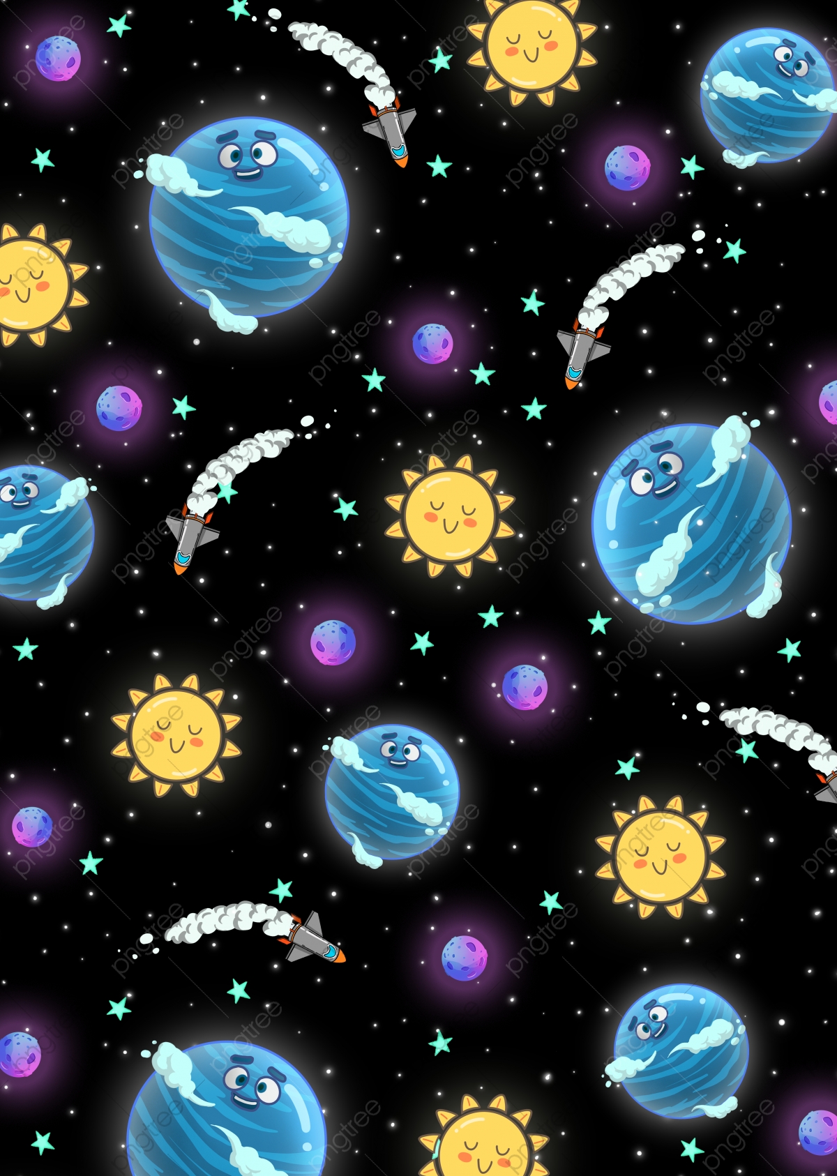 Seamless Cartoon Planet Universe Background Blue Earth And Sun, Cosmic Background, Cute Expression, Cartoon Background Image for Free Download