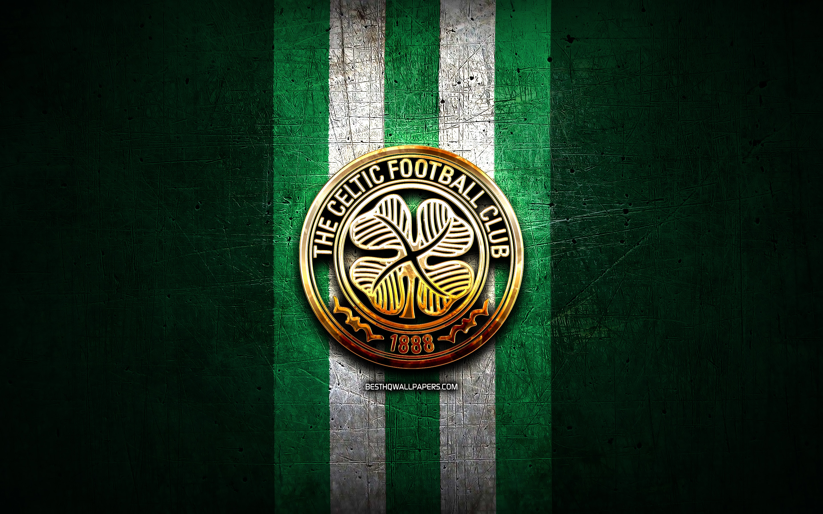 Download wallpaper Celtic FC, golden logo, Scottish Premiership, green metal background, football, scottish football club, Celtic logo, soccer, FC Celtic for desktop with resolution 2880x1800. High Quality HD picture wallpaper