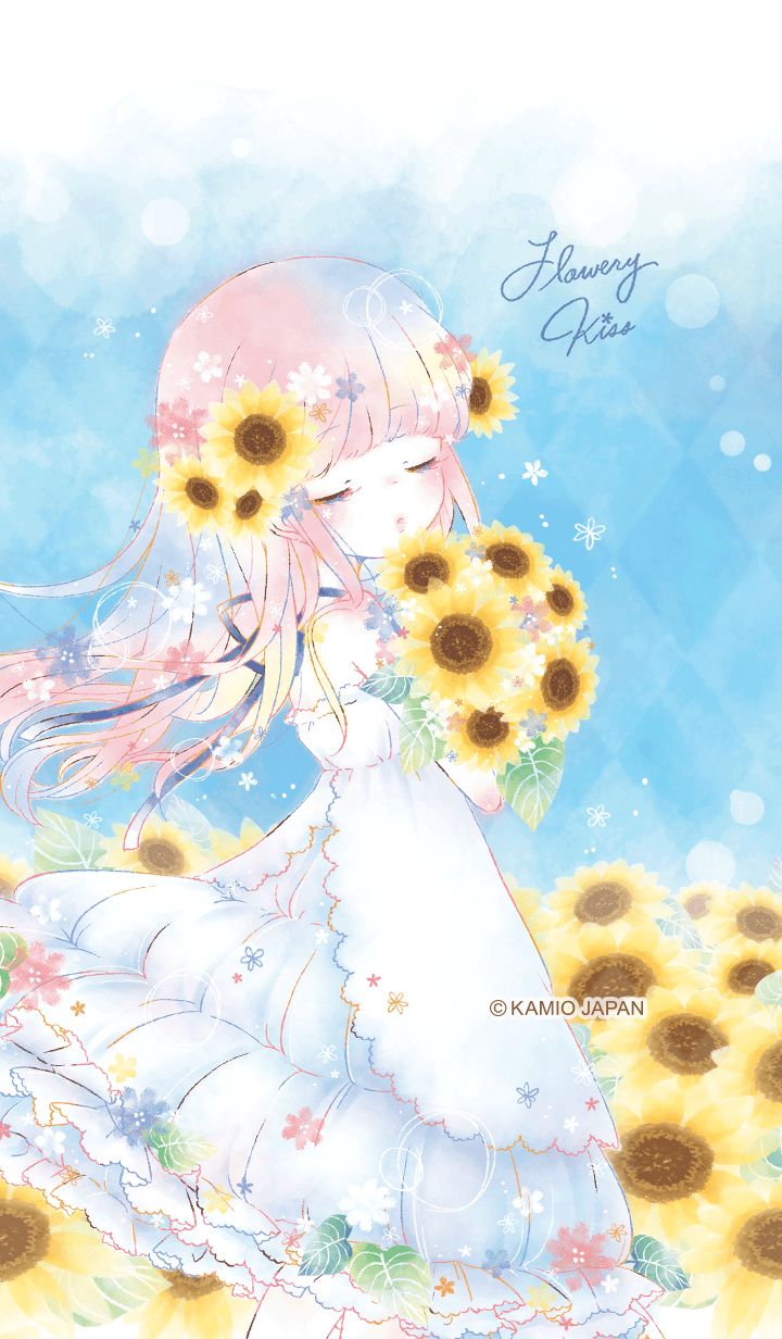 We got new summer theme from Flowery Kiss! Drawn by very fine touch and the clear summer sky blue and bright sunflowers. Cute art, Anime artwork, Kawaii drawings