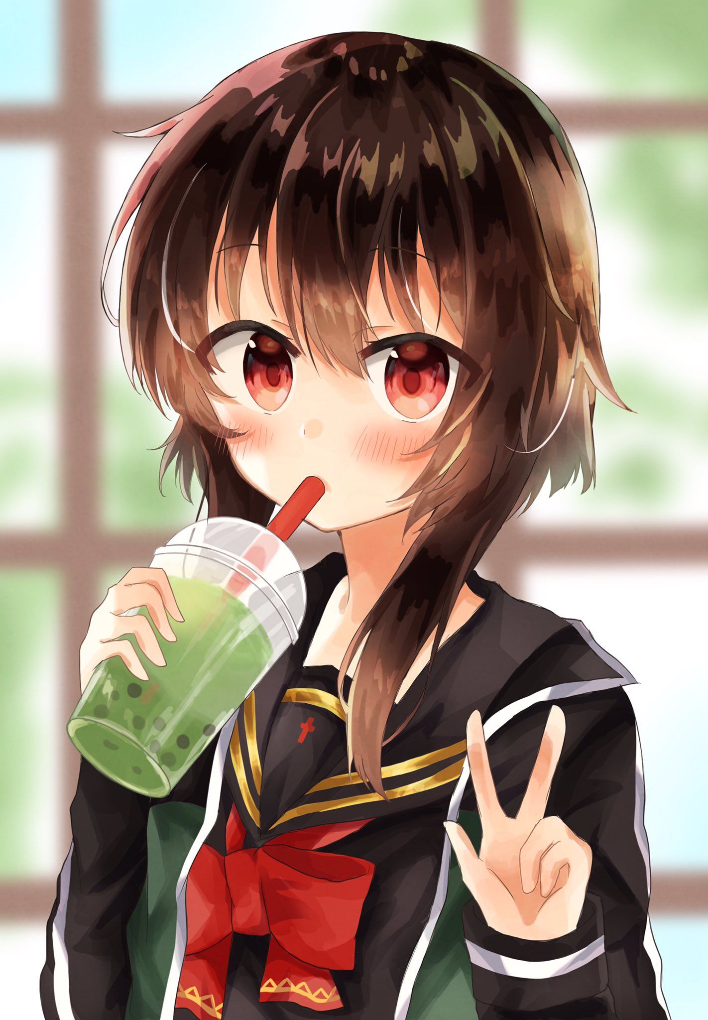 Cute Anime Girl Drinking Boba Wallpaper