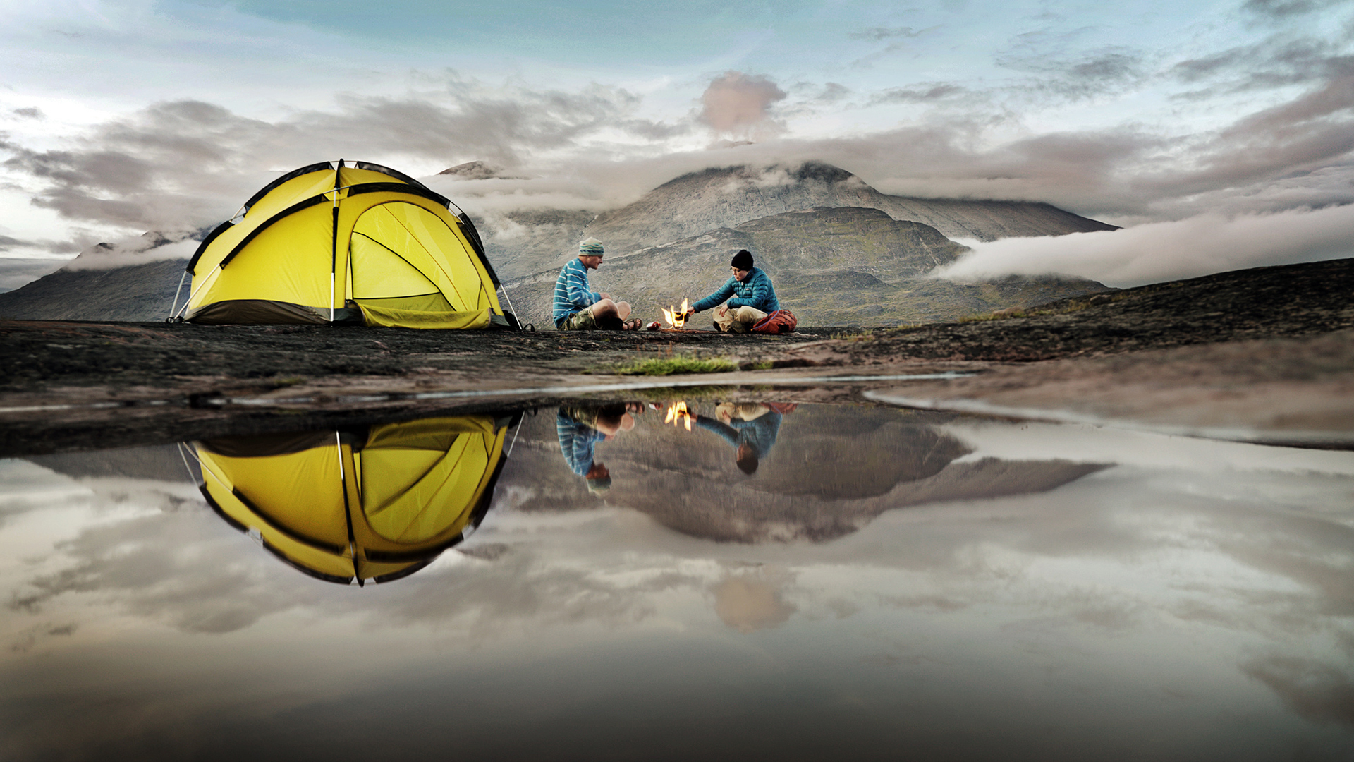 Tent Reflection Camp Camping sports lakes water mountains people fire flames wallpaperx1080