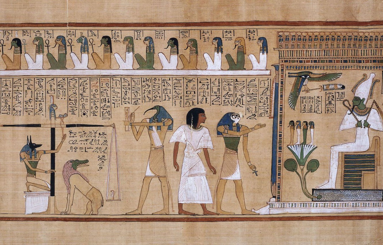 Wallpaper drawing, writing, parchment, hieroglyphics, Ancient Egypt, judgement of the dead in the presence of Osiris image for desktop, section разное