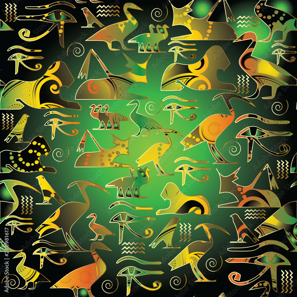 Egyptian hieroglyphs seamless pattern. African ethnic colorful background. Tribal 3D wallpaper. Vector ornamental bright texture with ancient ornaments for fabric, textile. Egyptian illustration. Stock Vector