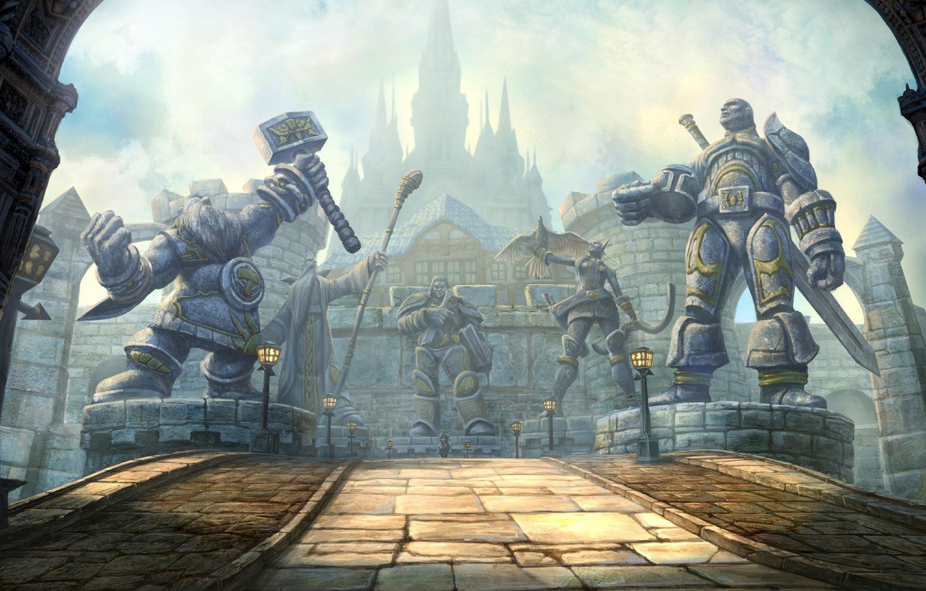 Wallpaper bridge, the city, sword, hammer, warrior, bow, Archer, MAG, book, staff, Warriors, dwarf, Wow, World of warcraft, structure, Stormwind image for desktop, section фантастика