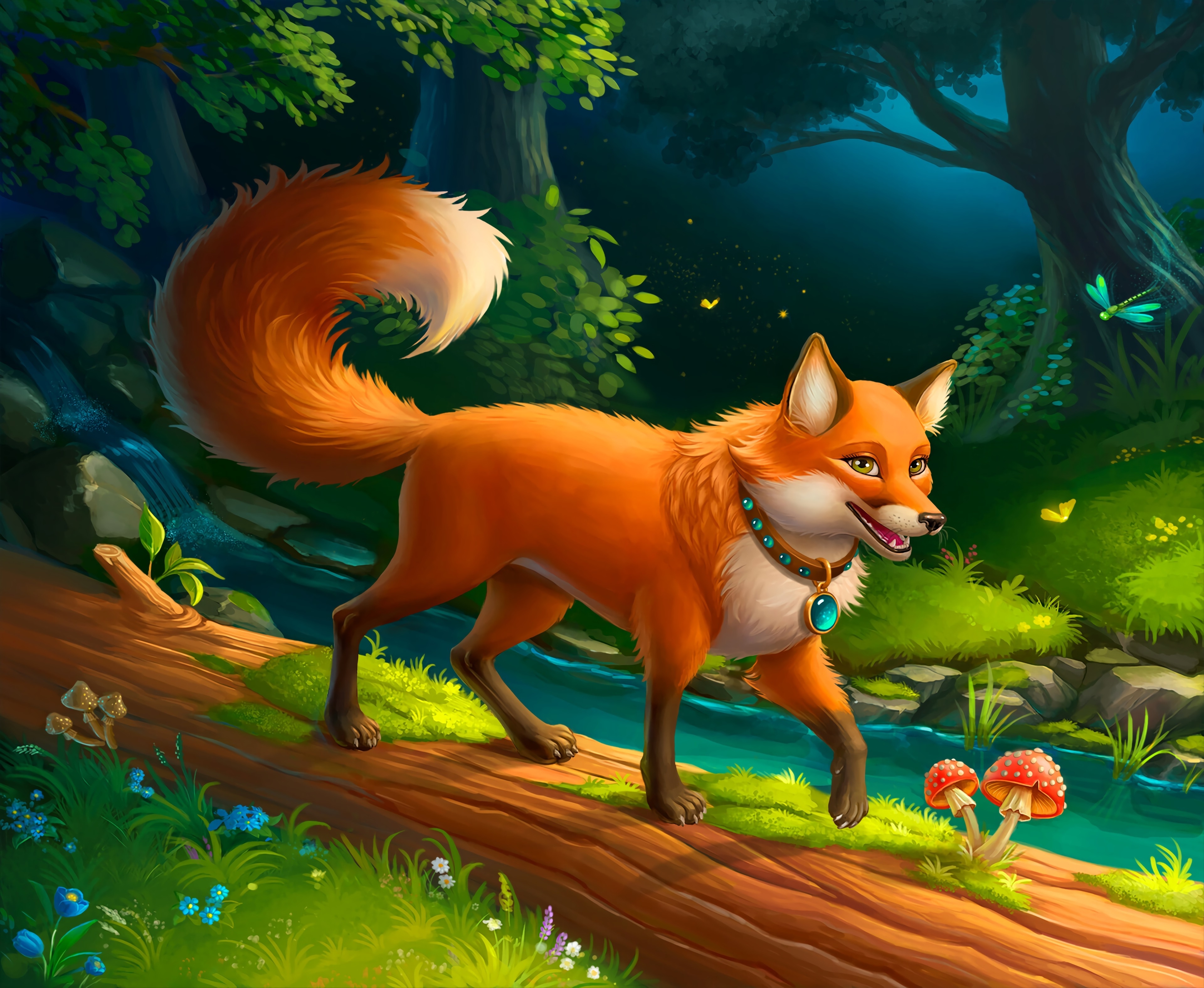 Wallpaper Artwork, Forest, Fox, Mushrooms, Digital Art, Trees:3840x3154
