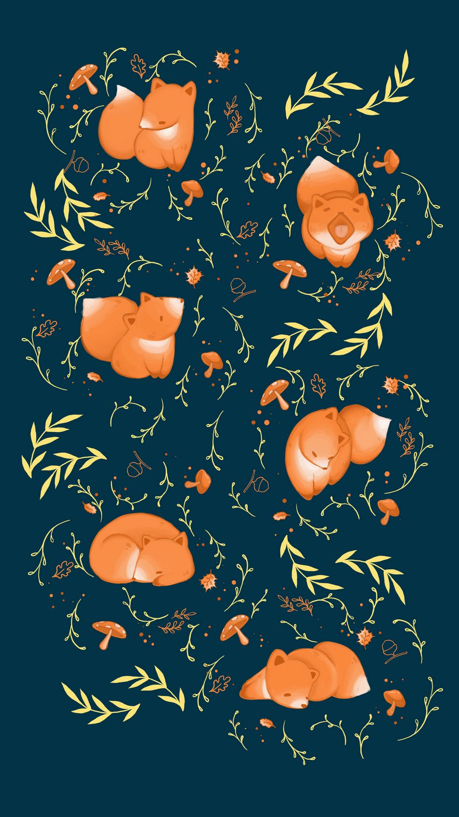 Download Wallpaper 938x1668 Pattern, Fox, Leaves, Branches, Mushrooms, Acorns Iphone 8 7 6s 6 For Parallax HD Background
