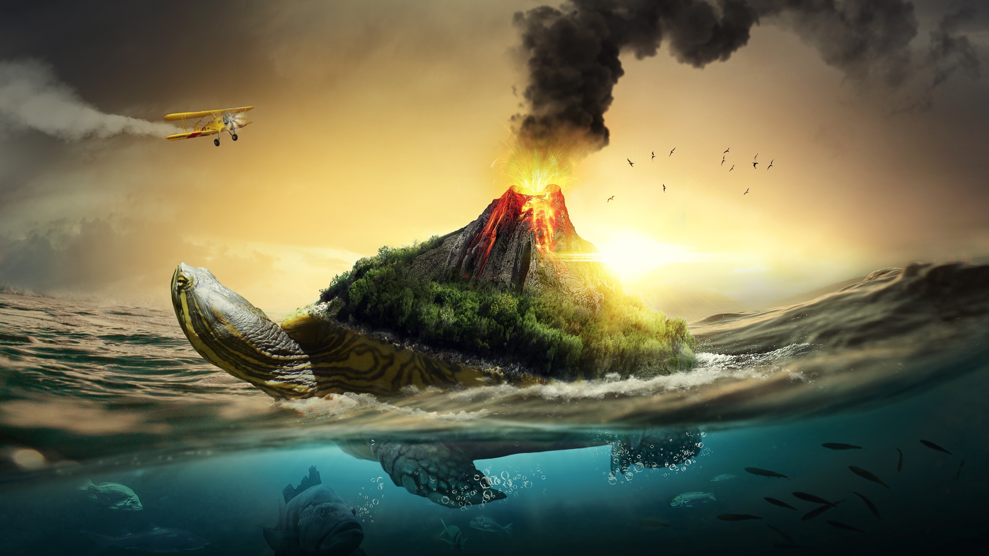 Wallpaper Airplane, Fishes, Volcano On Turtle, Underwater, Aircraft:3840x2160