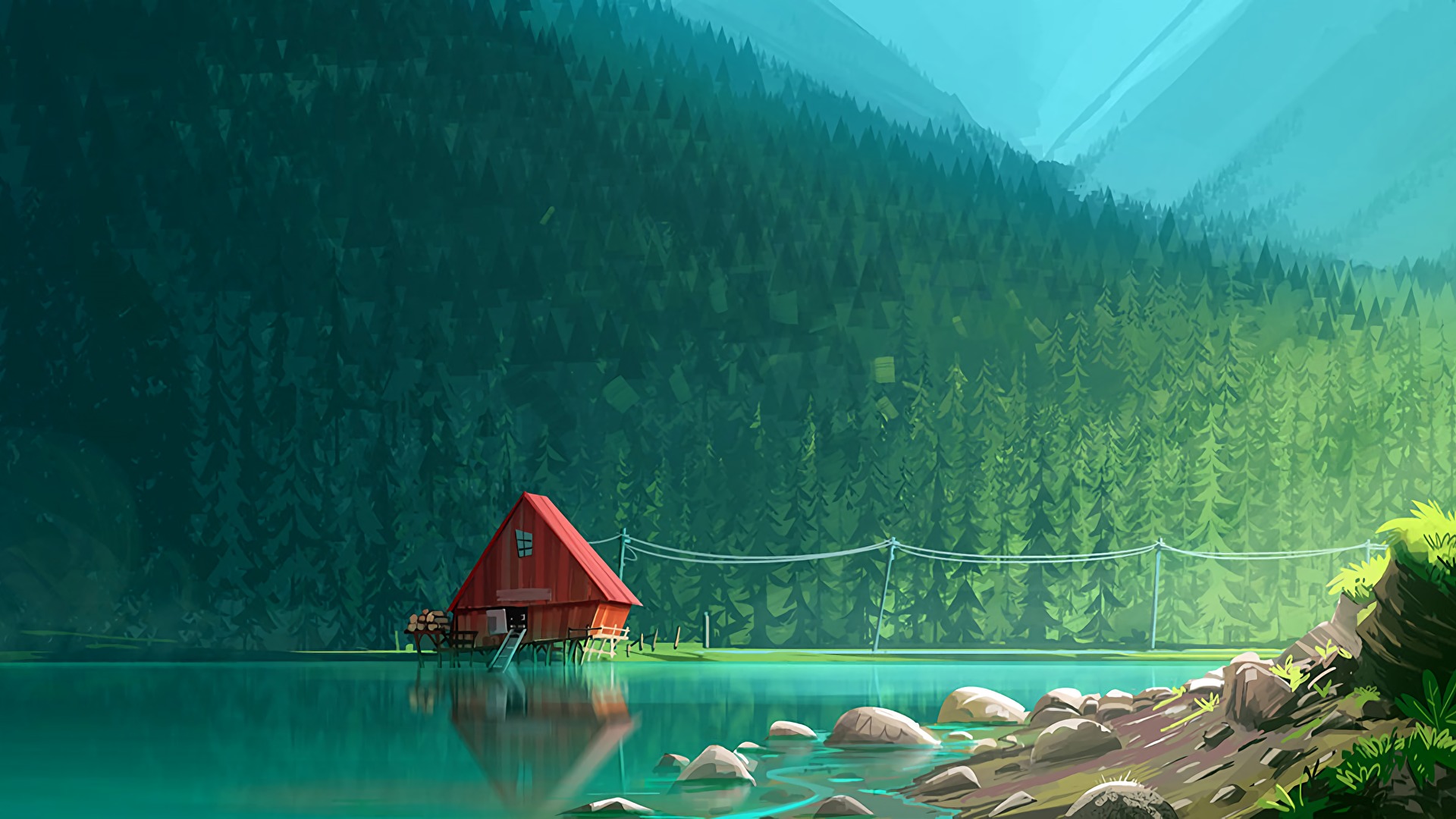artwork, Lake, House, Rock, Forest, Reflection Wallpaper HD / Desktop and Mobile Background