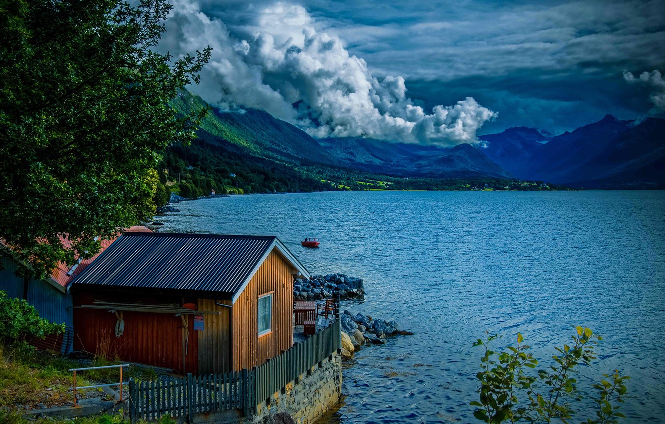 Wallpaper clouds, mountains, lake, house, Norway image for desktop, section пейзажи