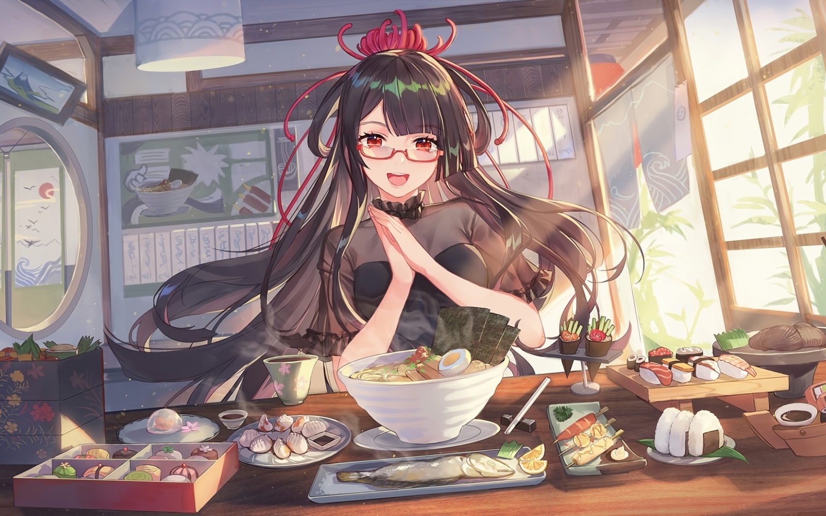 Wallpaper Food, Cooking, Ramen, Anime Girl, Meganekko, Onigiri, Long Hair:1920x1080