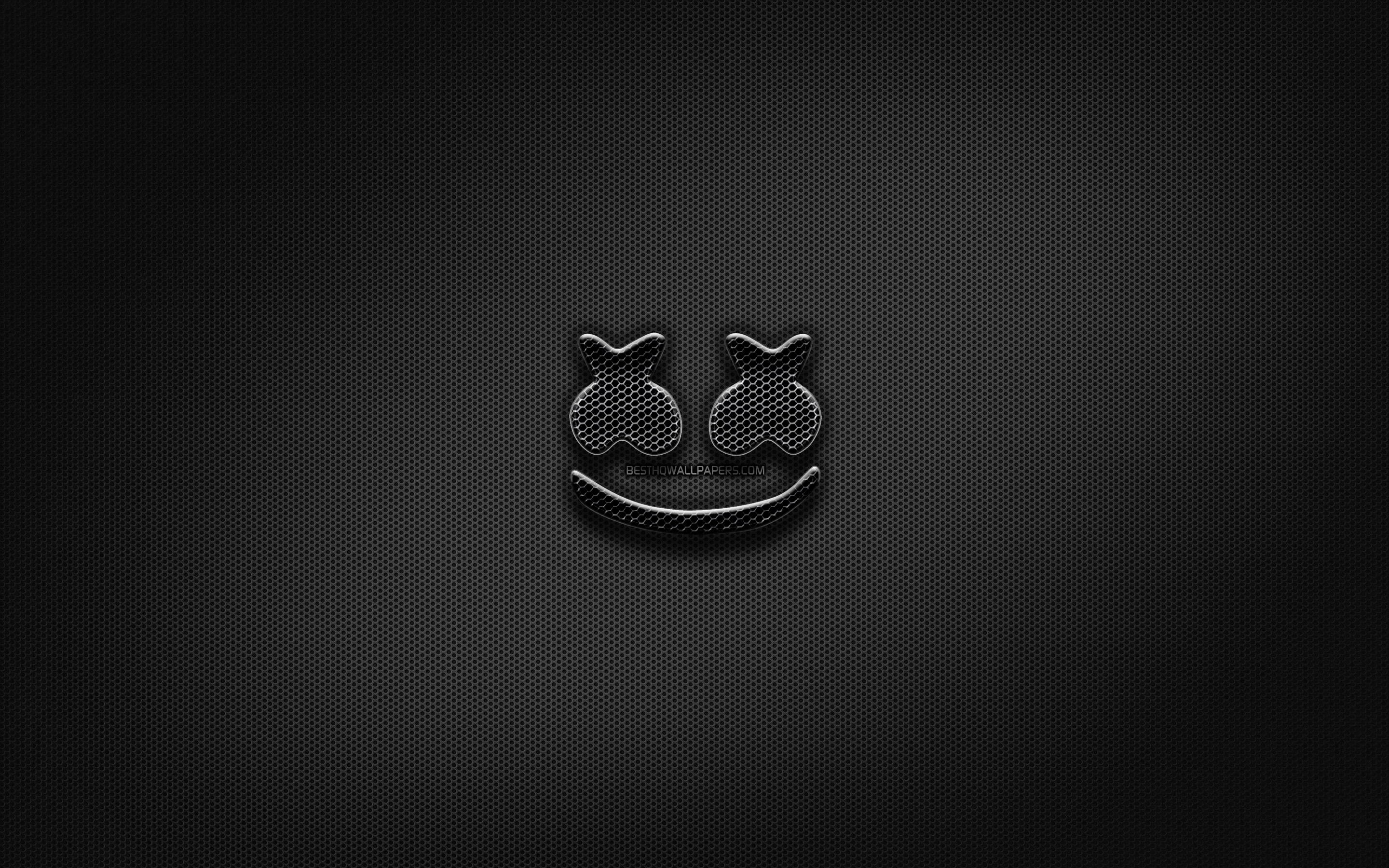 Download wallpaper DJ Marshmello black logo, superstars, creative, metal grid background, DJ Marshmello logo, music stars, DJ Marshmello for desktop with resolution 2880x1800. High Quality HD picture wallpaper