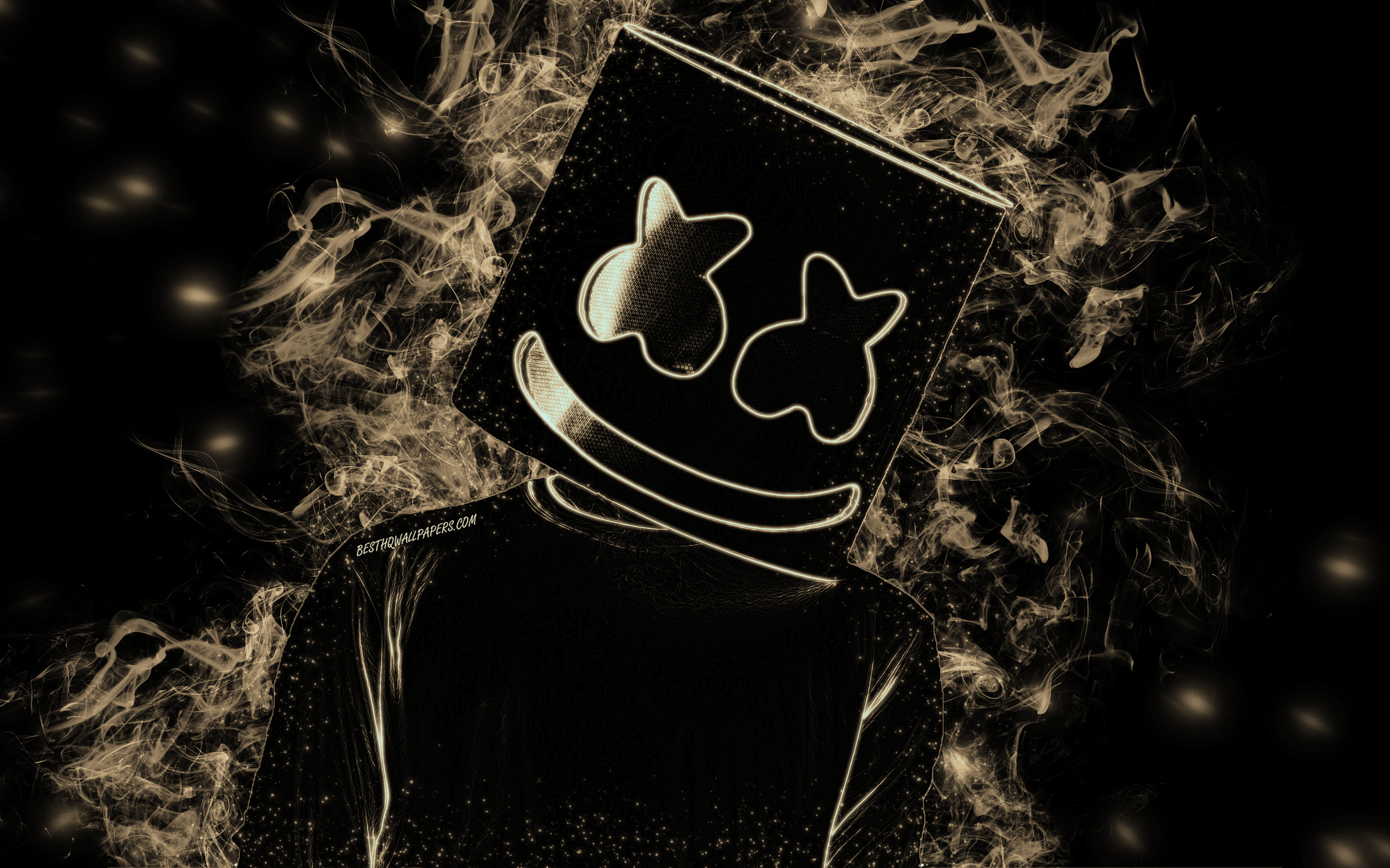 Download wallpaper DJ Marshmello, hat, American DJ, black background, colored smoke, silhouette, Marshmello for desktop with resolution 3840x2400. High Quality HD picture wallpaper