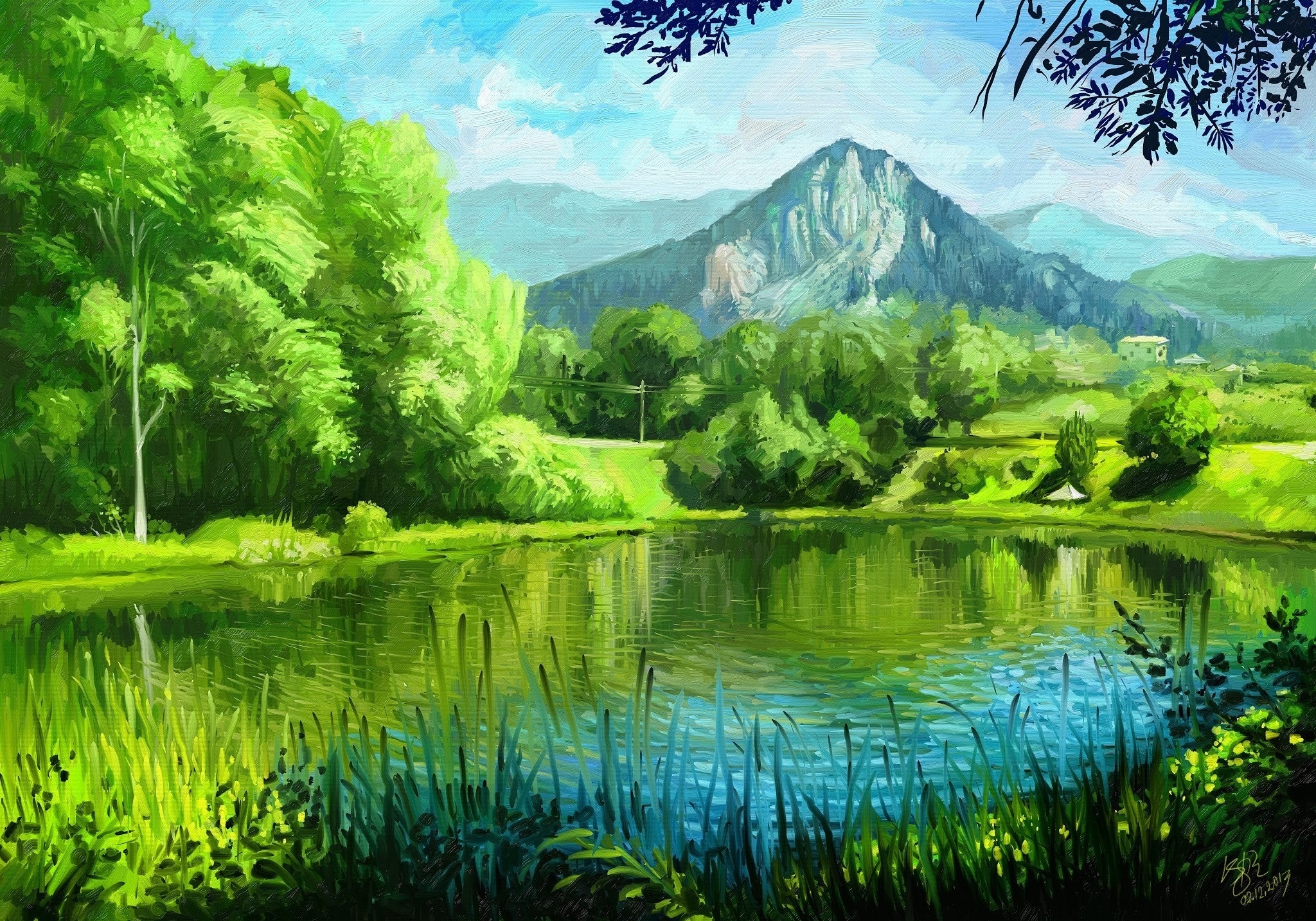 summer, painting, pond, painting, art (2048x1433px) on Wallls.com