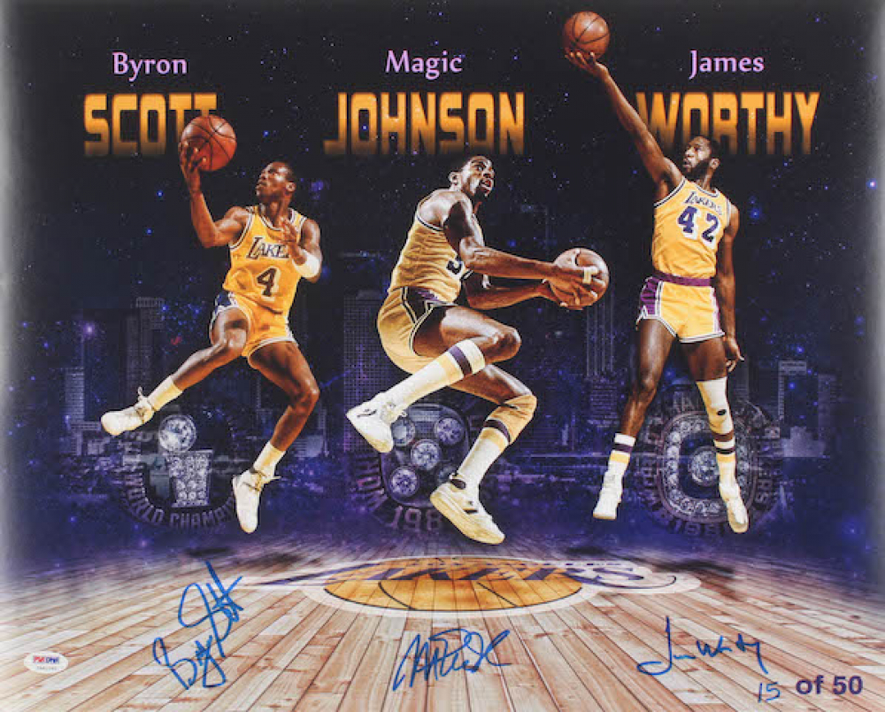 Magic Johnson, James Worthy & Byron Scott Signed LE Lakers 16x20 Photo (PSA COA)