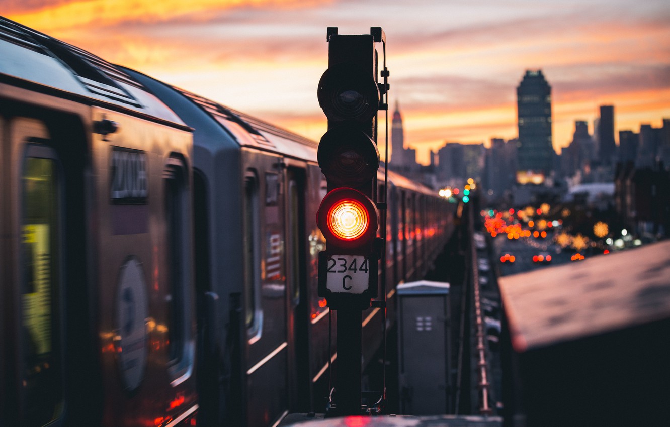 Wallpaper the sky, street, train, New York, twilight, cars, The Empire state building, United States, the high line, signal underground image for desktop, section город