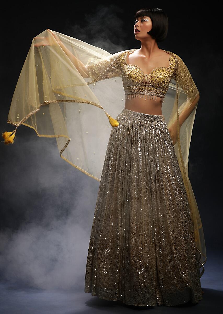 Buy Yogita Bihani In Kalki Yellow And Silver Ombre Lehenga In Sequins Fabric With Hand Embroidered Cholid Adorned In Cut Dana And Sequins Work
