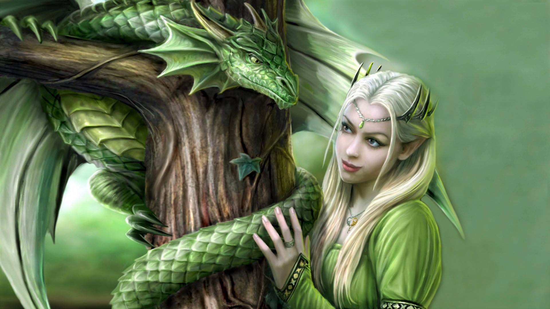 Fantasy Cute Green Dragon Along With A Beautiful Girl HD Dreamy Wallpaper