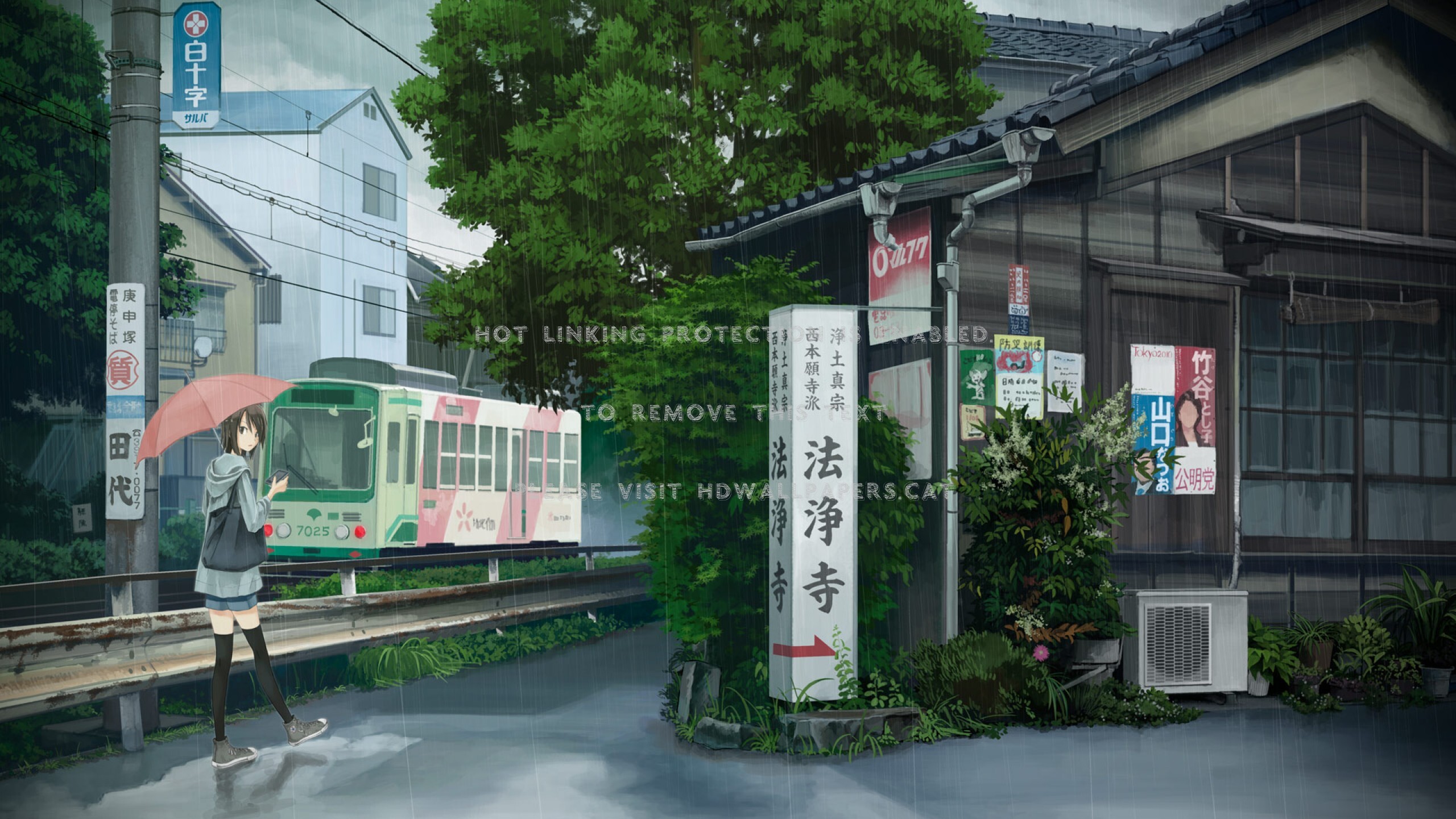anime street rain train japan umbrella girl
