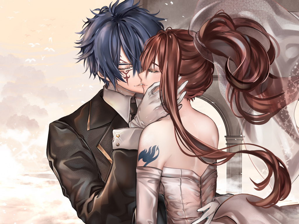 Anime, couple, kiss, love, Erza Scarlet, Jellal Fernandes, Fairy Tail wallpaper, 2553x1867, HD image, picture, 7c8b8ab0